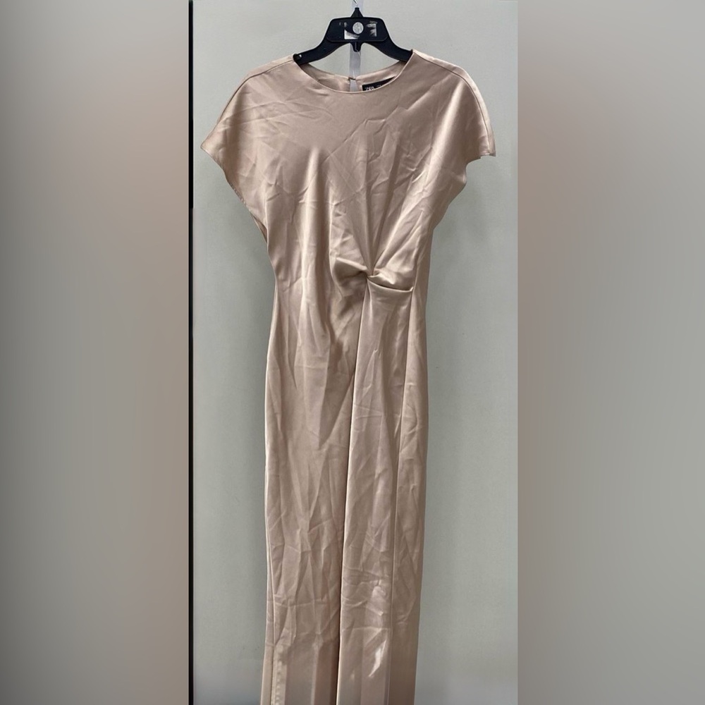 NWT Zara Women's Champagne Cap Sleeve Side Gathered Long Dress